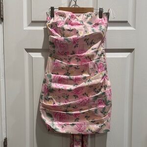 Pink Floral Strapless Ruched Mini Dress